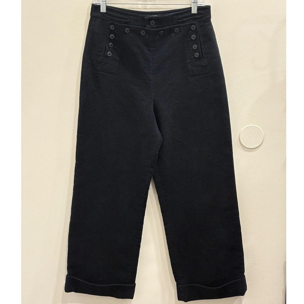 Tory Burch Black Moleskin Cotton Sailor Pants Wide Leg Cuffed 8 Minimal Preppy